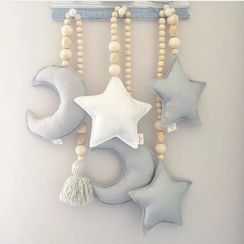 Wooden Bead and Moon Star Nursery Canopy Tent Decorations Mobile Baby Design Crib Decoration Photo Prop | Мать и ребенок