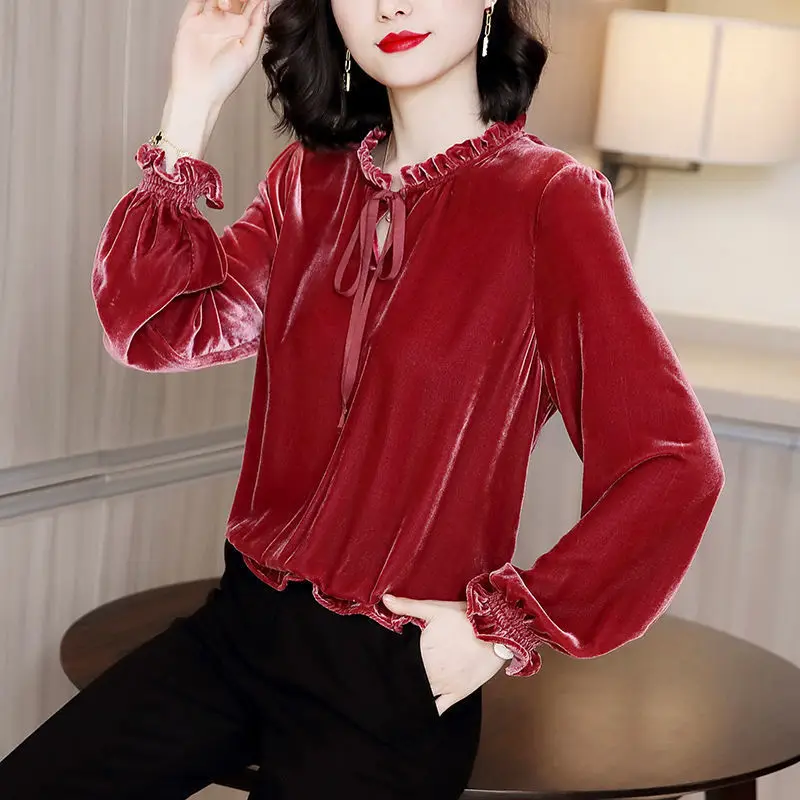 

Gold velvet shirt women 2021 spring new design sense niche French retro Korean loose shirt top Regular sexy blouse