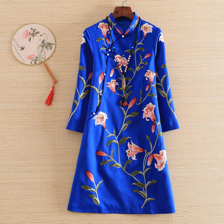 Новое Осеннее женское китайское платье Ципао Стиль Ретро Вышивка Лилия