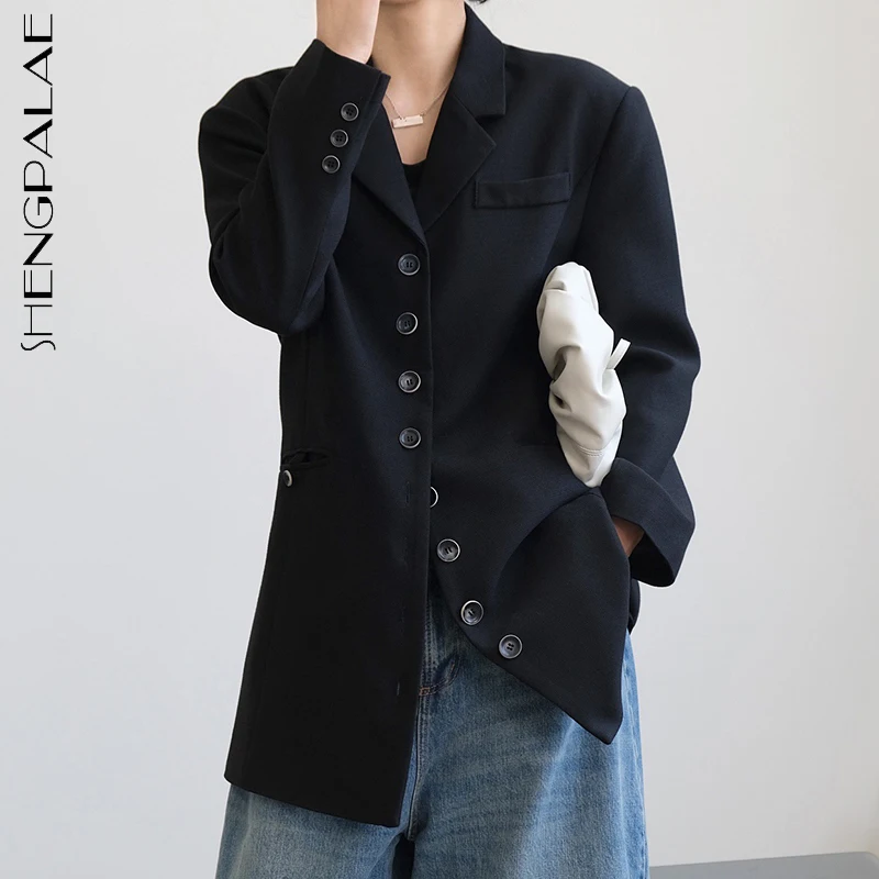 

SHENGPALAE temperament black blazer women's autumn 2021 new notched loose single breasted long sleeve suit jacket female 5E3446