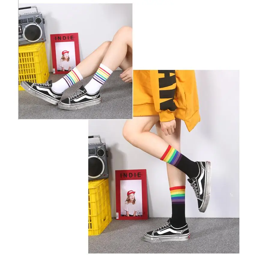 Women Solid Rainbow Cotton Ankle Socks Girls Rainbow Soft Warm Winter Crew Socks Students Black White Knee-High Socks 6pairs/lot