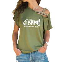 2020 fashion and interesting bone fish print t shirt summer woman cotton irregular skew cross bandage tshirt