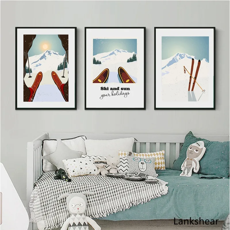Винтажный постер для зимних видов спорта с художественной печатью лыж настенные