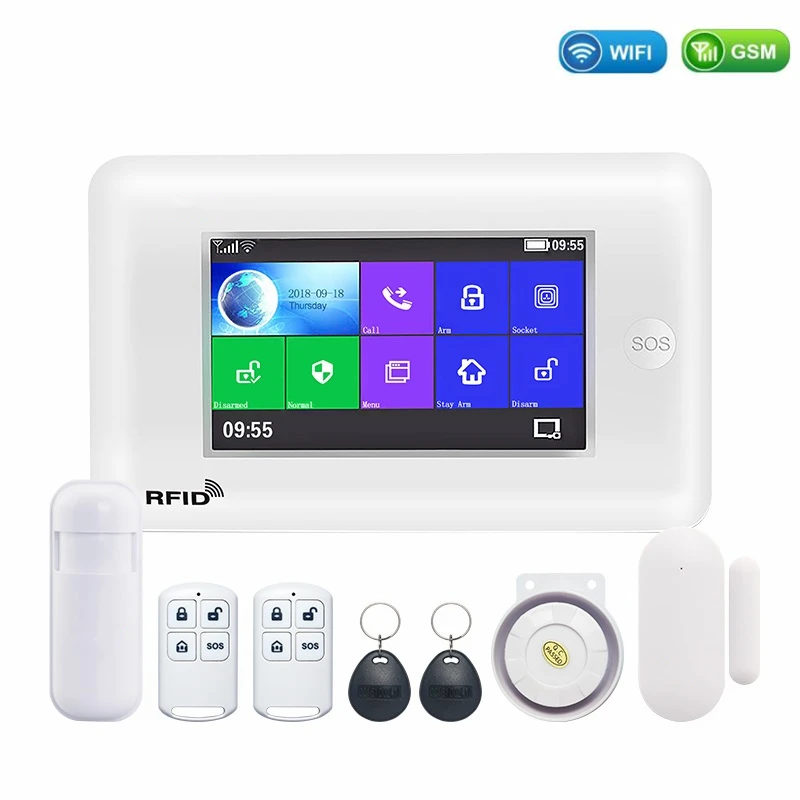 3G WiFi GPRS Wireless Home Security Alarm System with Touch Screen SOS RFID APP Control Fire Smoke Detect Intruder Burglar Alarm