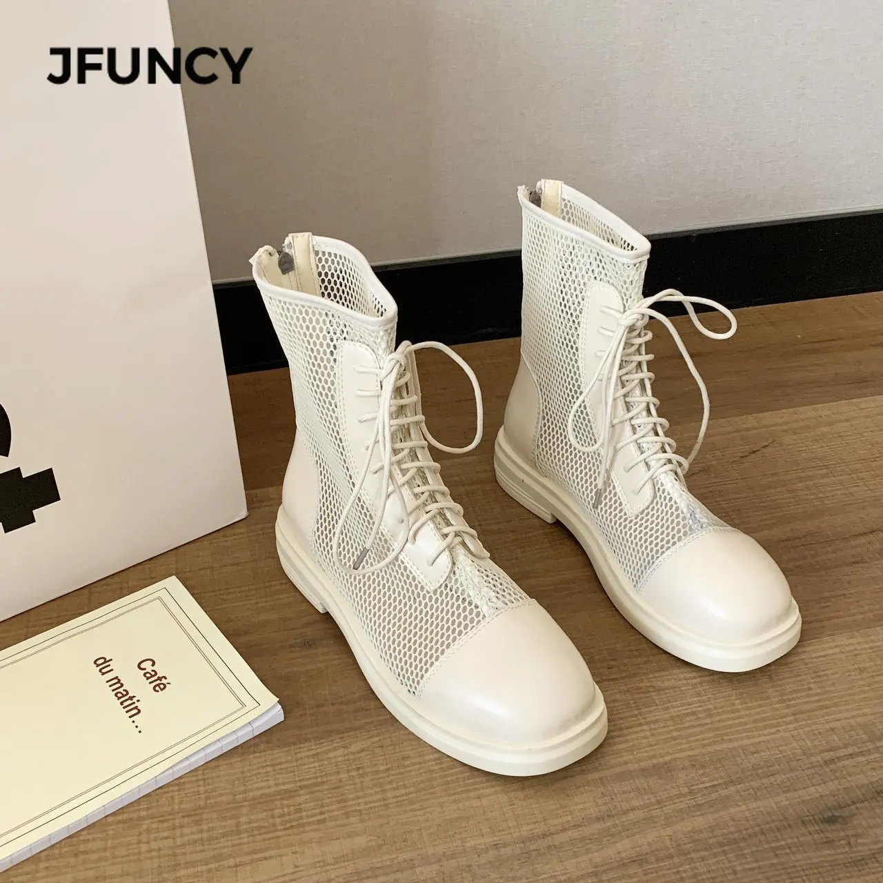 

JFUNCY Summer Mesh Boot Women Lace Up Net Ankle Woman Shoes Black Sandals Hollow Breathable Punk Zipper Socks Boots