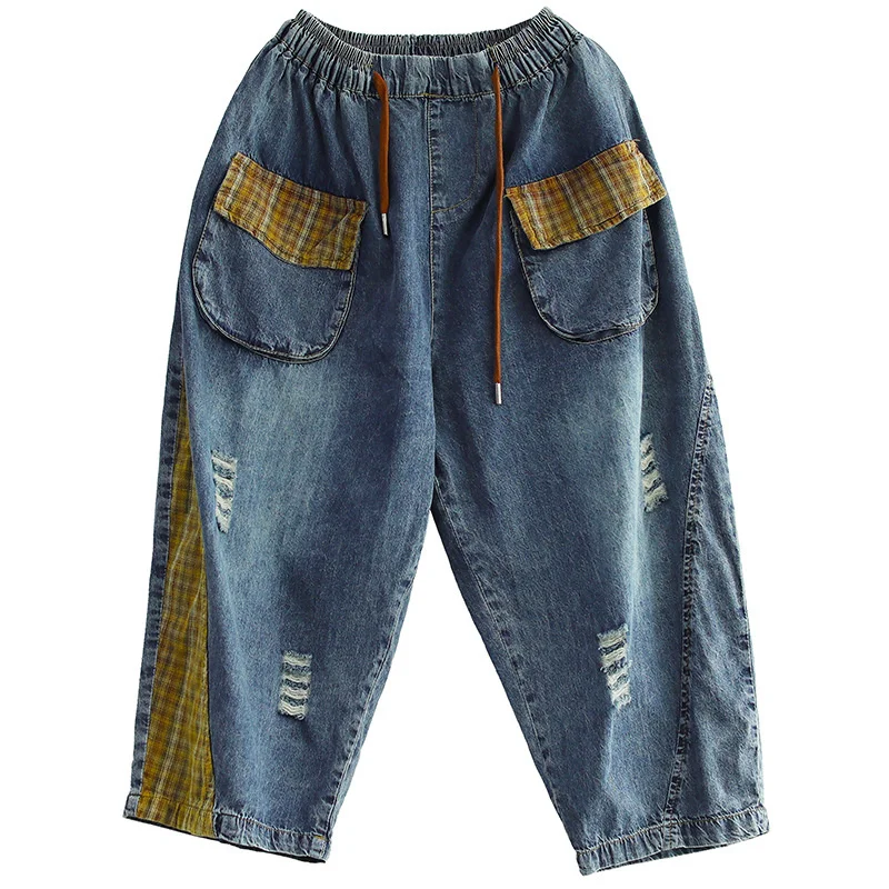 

Max LuLu New 2021 Japan Design Ladies Blue Denim Harem Pants Womens Plaid Ripped Holes Jeans Female Casual Oversized Trousers