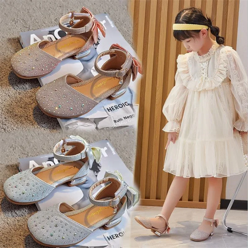 

JY 2021 New Style Children Bling Pu Flat Casual Princess Girl Shoes Back Bowknot Half Sandals 26-36 Pink Sliver JN-910 TX07