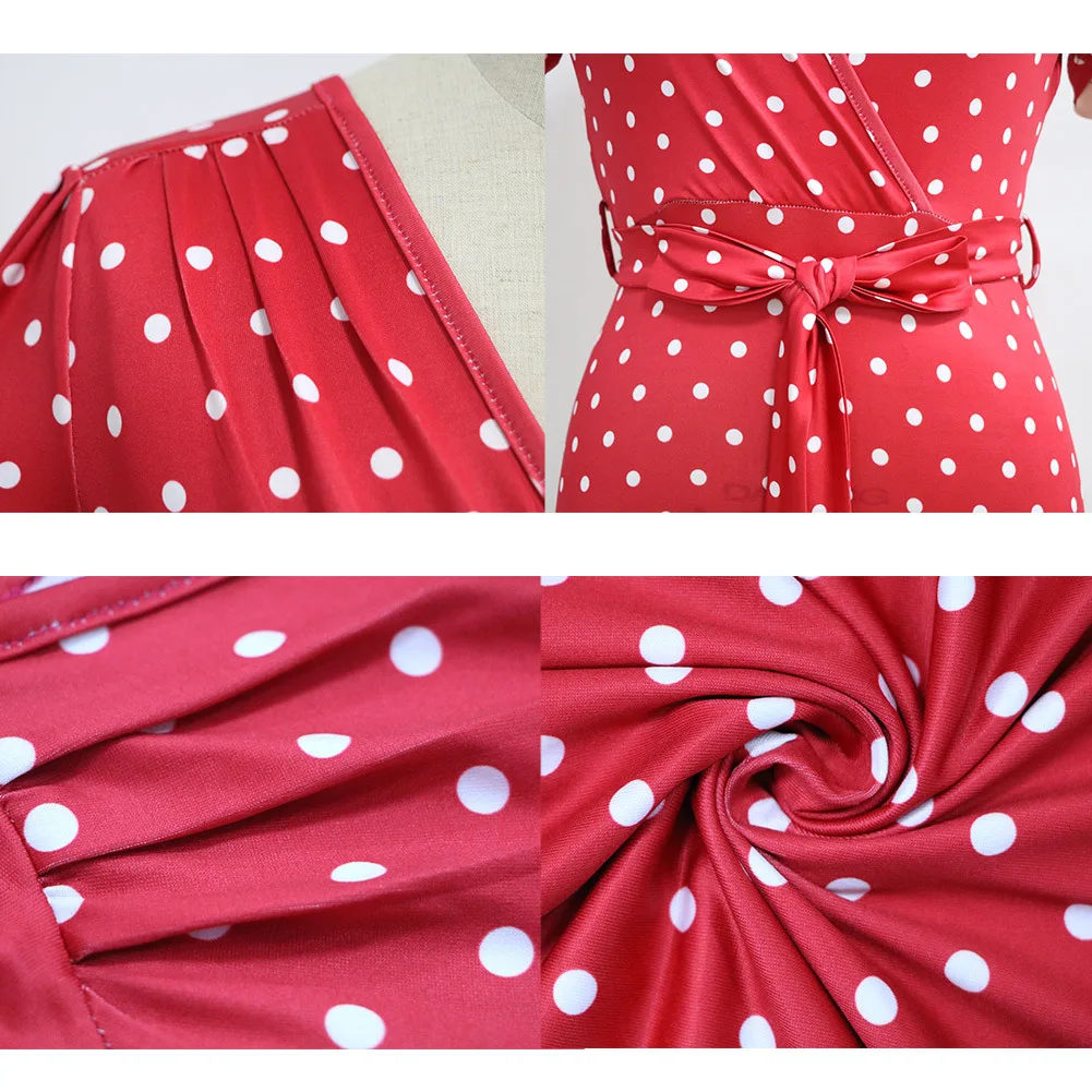 

2021 New Summer Women's Short Sleeve Dress V Neck Print Polka Dot Bandage Floor-length Dress