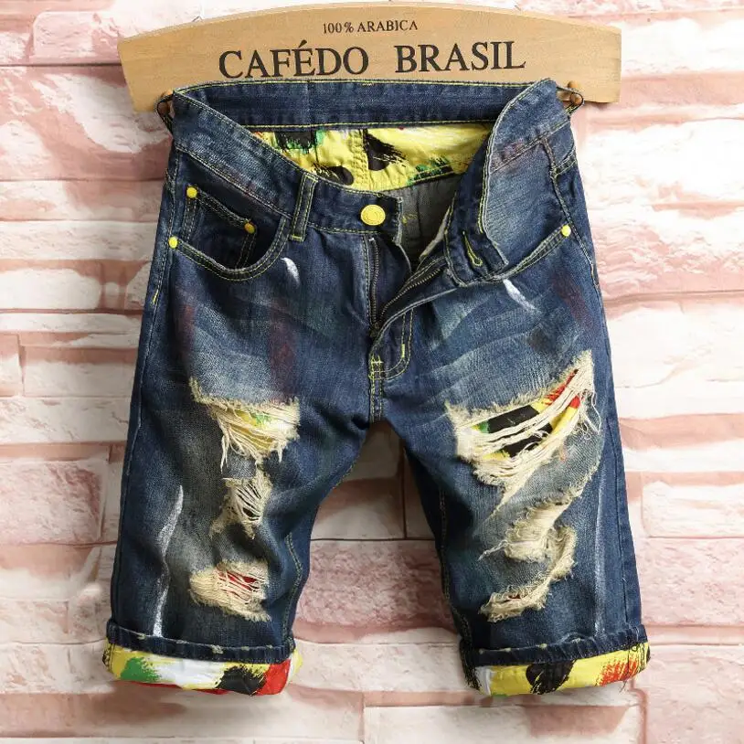 

Novelty Style Men's Holes Denim Shorts Men Knee Length Short Jeans New Fashion Male Straight Denim Shorts Casual Shorts Size 40