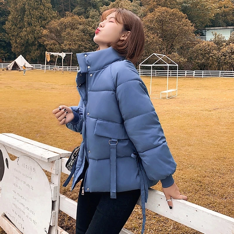 Solid Stand Collar Loose Women's Winter Jacket Korean Style Warm Parka Long Sleeve Oversized coat Black Puffer | Женская одежда