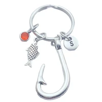 fishhook fish anima fishing keychains creative initial letter monogram birthstone keyrings fashion jewelry women gifts pendants