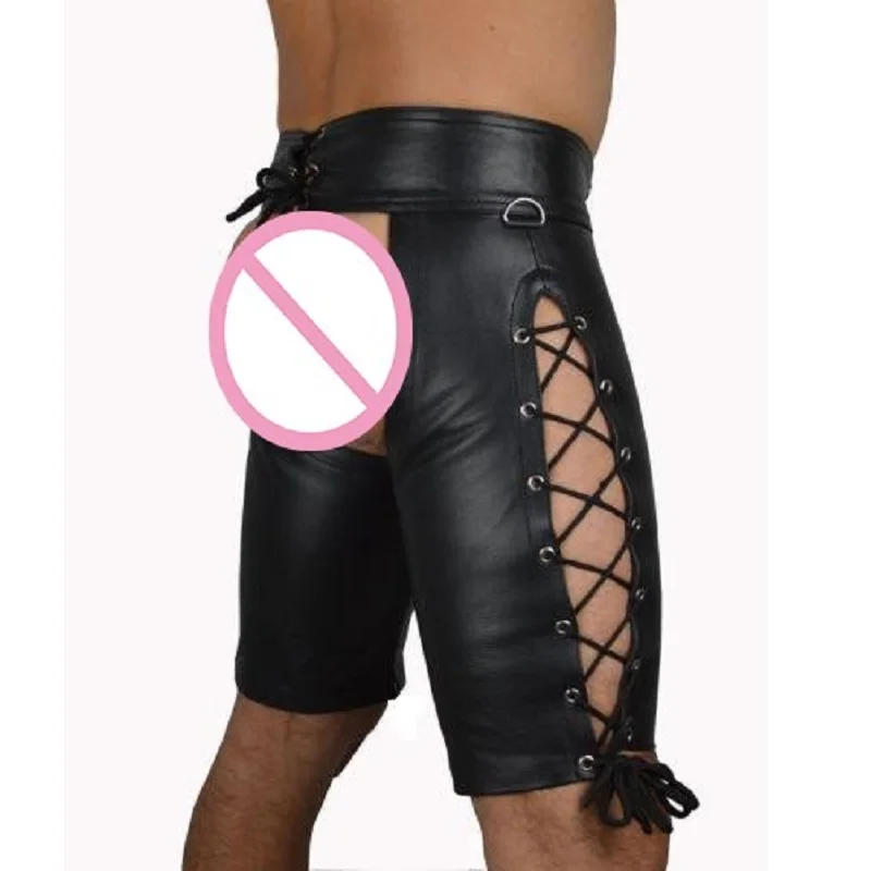 Мужские эротические шорты из лакированной кожи с открытой промежностью