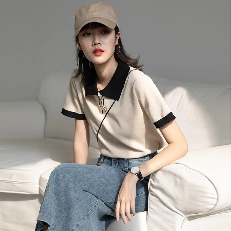 

Contrast Color Buttons Polo Neck Knitted Women Short Sweater Pullover Short Sleeve Apricot Streetwear Casual Sweater 2021 New