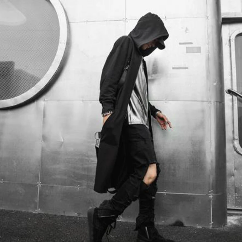 Мужская длинная футболка с лентами в стиле панк рок хип хоп капюшоном для ночного