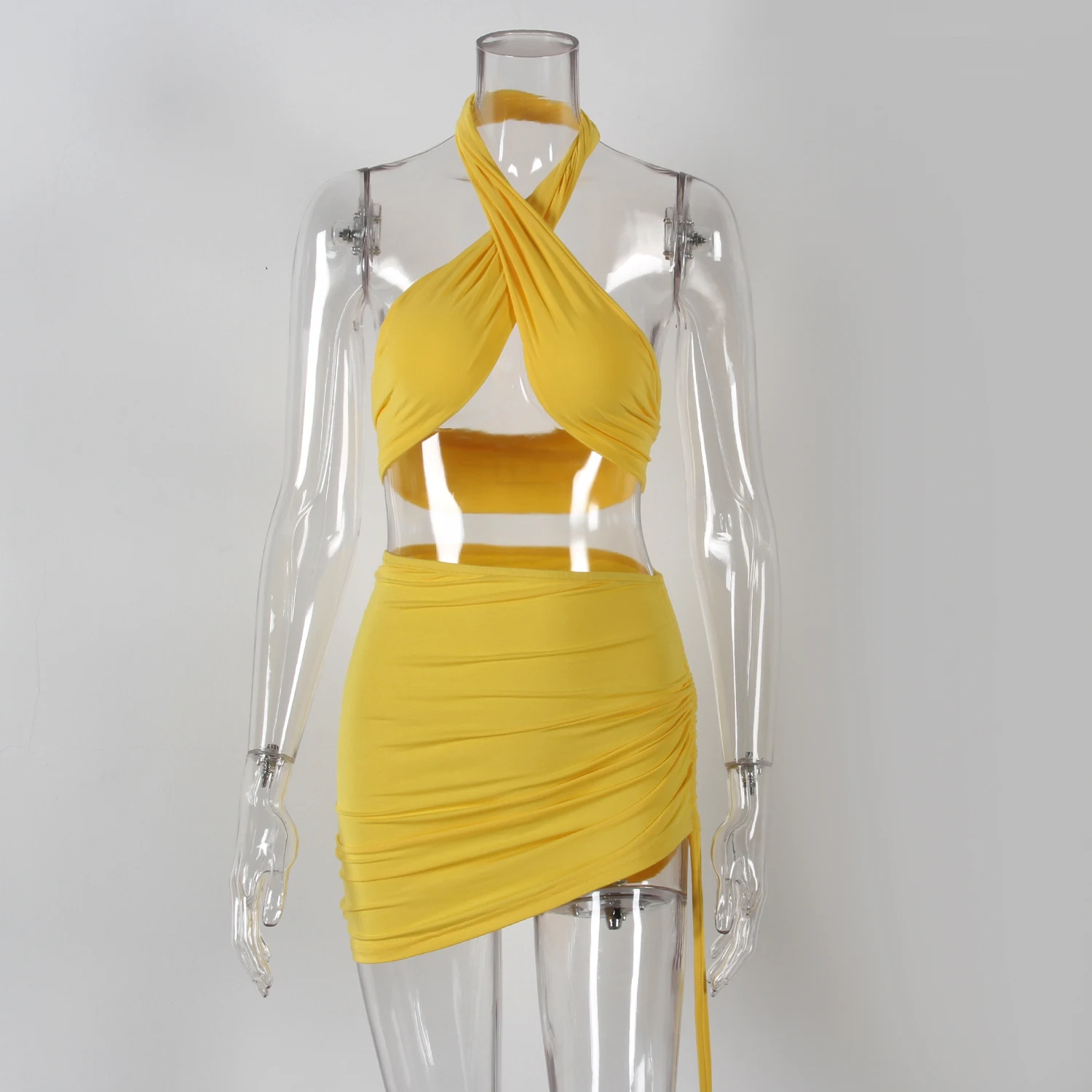 

KGFIGU Skirts Womens Outfit 2021 Summer Sexy Dress Sets Halter Soft Crop Top Drawstring Off Shoulder Lady Snug Two Piece Suits