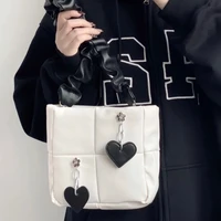 popular checkered design women stuffed cotton shoulder bag black white ladies purse handbag love flower decoration underarm bags
