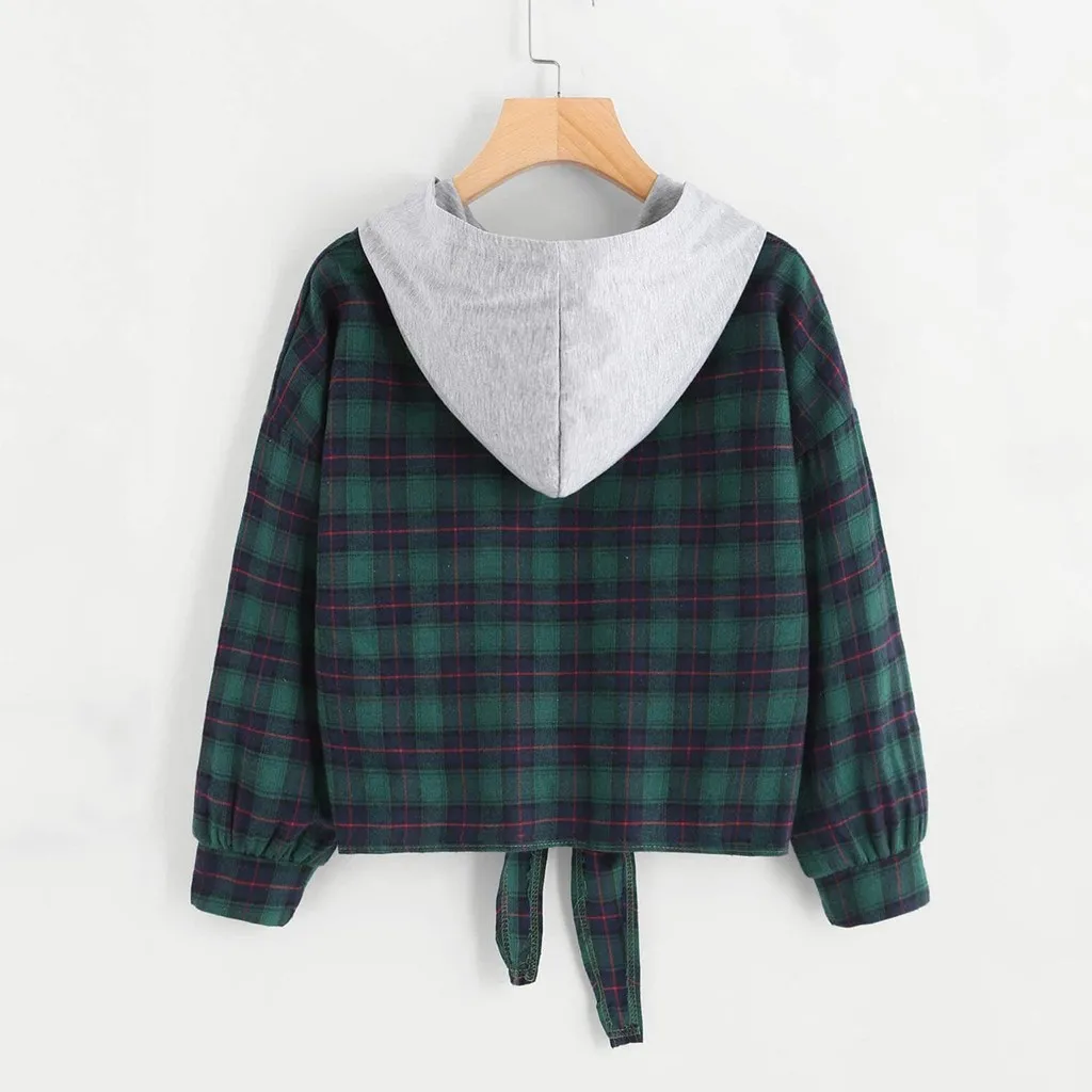 Fashion Women Casual Loose Long Sleeve Hoodie Plaid Printing Short Sweatshirt Tops Streetwear Women Oversized Hoodies Sudaderas