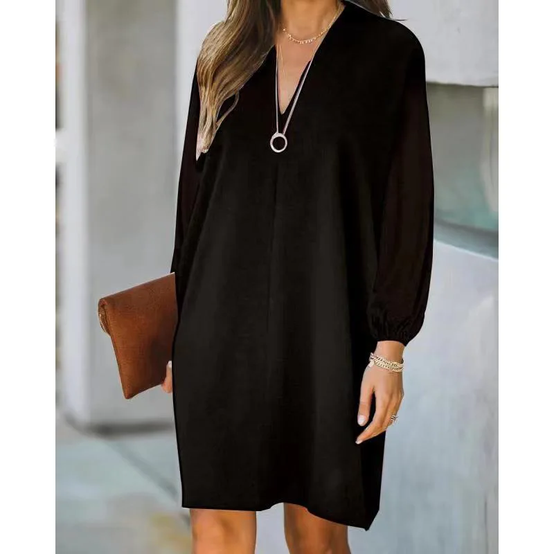 

Long Sleeve Dress Casual LOOSE Lantern Sleeve Knee-Length Spring/Autumn Solid Color V-Neck Midi Skirt