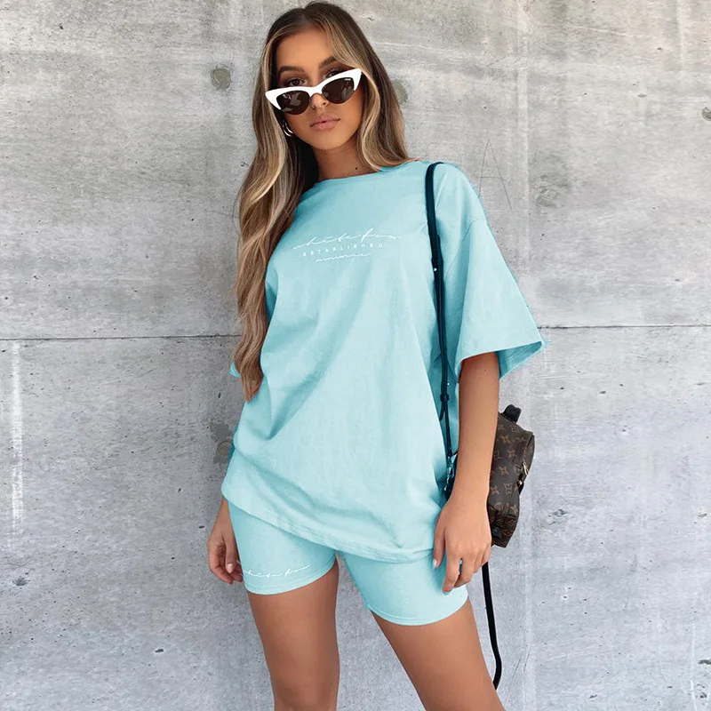 

Summer Fashion O Neck Black Women Sets Loose Short Sleeve Shirt Tops and Bodycon Shorts Bottom Suit Two Piece Set Outfits
