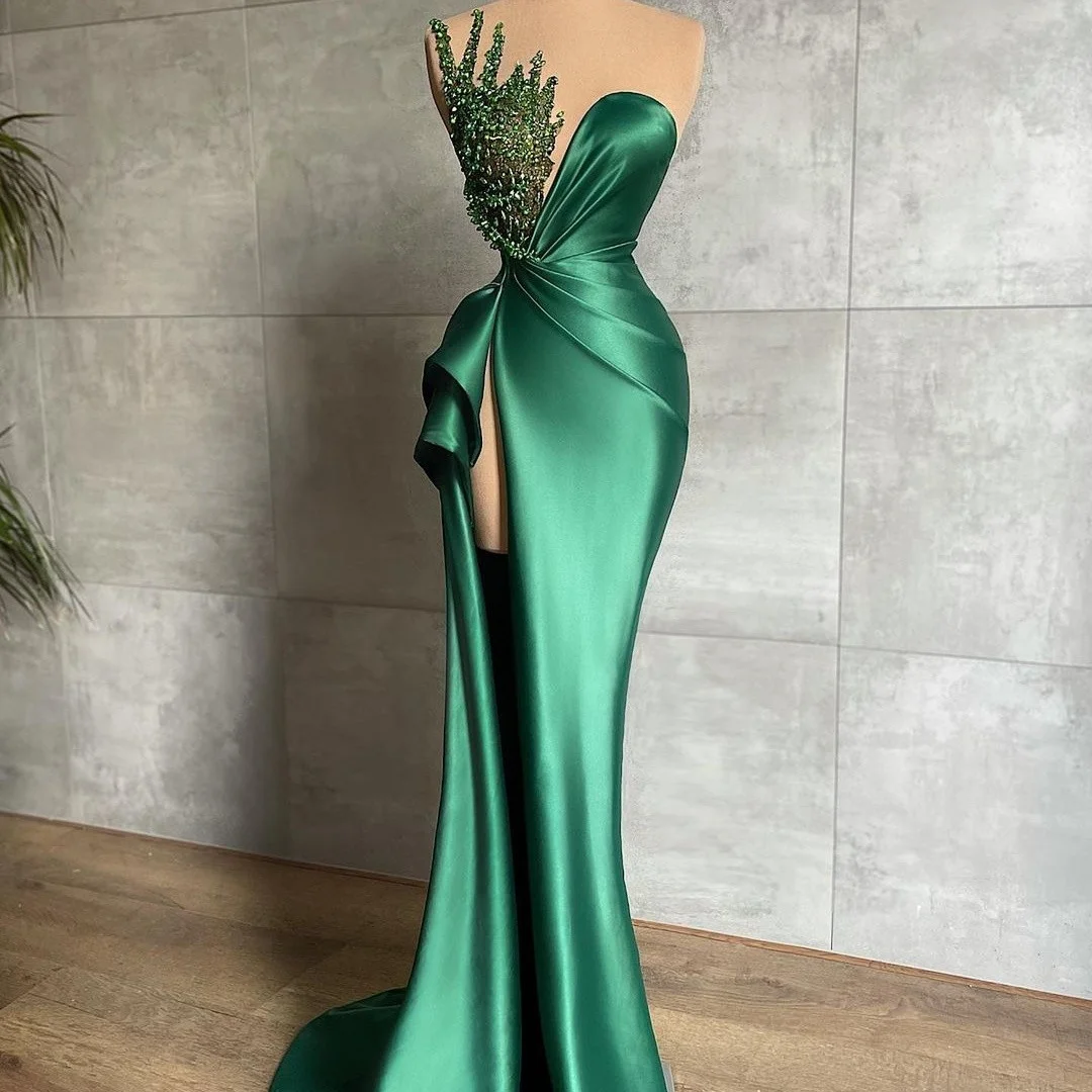 

2022 Satin Mermaid Evening Dress HIgh Split Pleat Prom Gowns Beading Handmade Runway Slim Fashion Second Reception Dresses