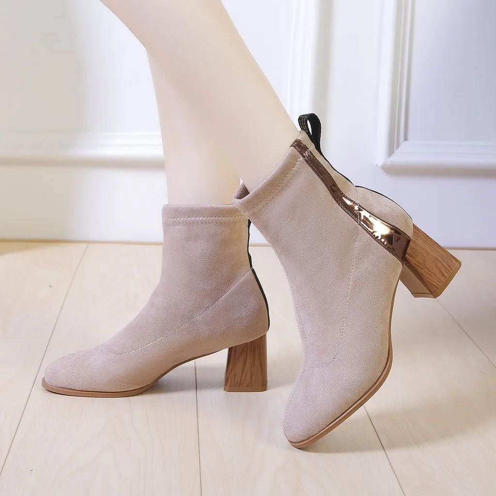 Женские замшевые ботильоны на квадратном каблуке модные носки с ворсом без