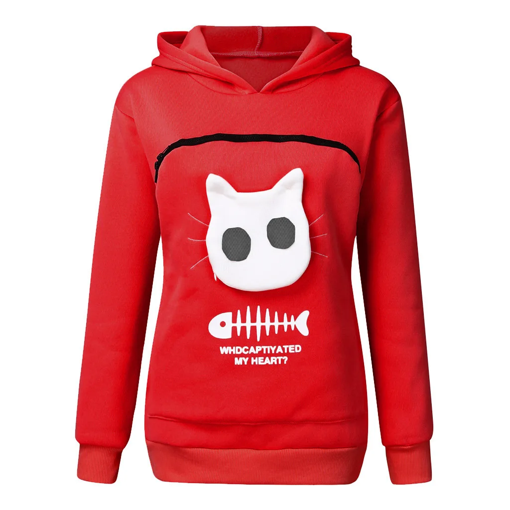 

2021 Ladies Cat Print Solid Color Long Sleeve Sweater Cat Nest Top