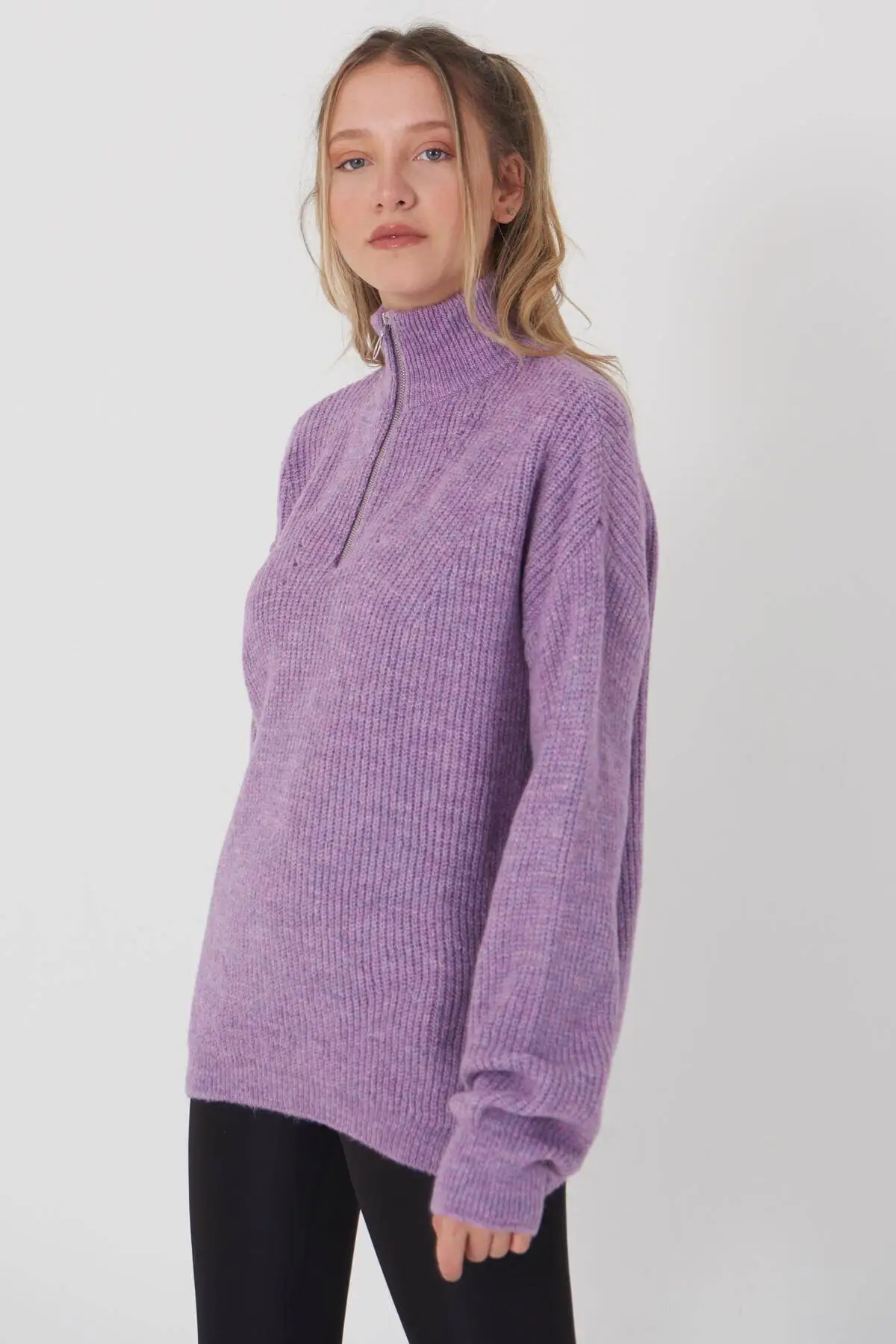 Women Lilac Collar Zippered Sweater Women Sweater 2021
