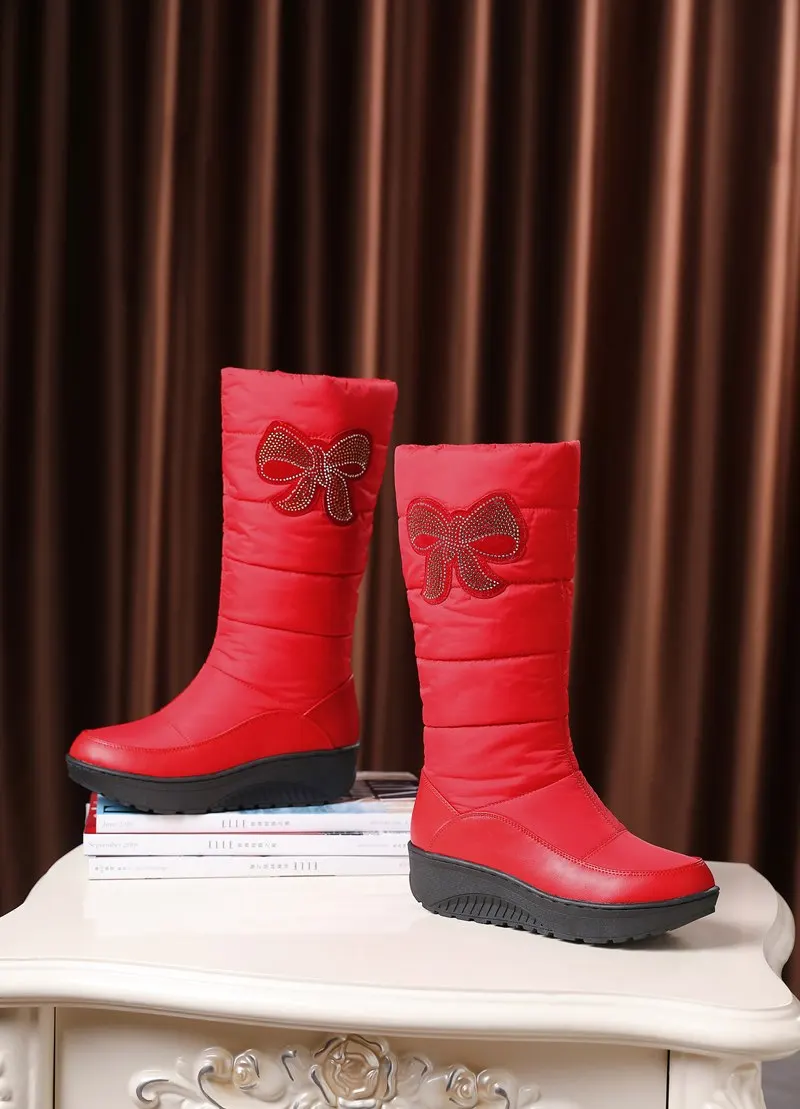 ASUMER/Большие Размеры 35-44 и выше, стразы, Элегантные Зимние сапожки с бантом, Зимние ботинки женская обувь на толстой подошве; ботинки на платформе до середины икры женские ботинки на меху туфли из хлопка
