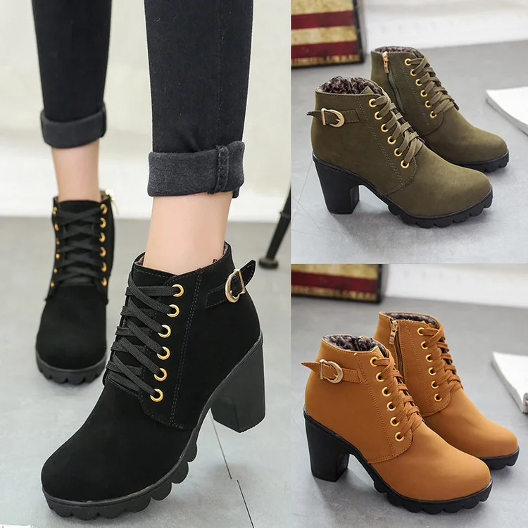 

In the spring and autumn2021 Women Pumps Boots High Quality Lace-up European Ladies shoes PU high heels Boots