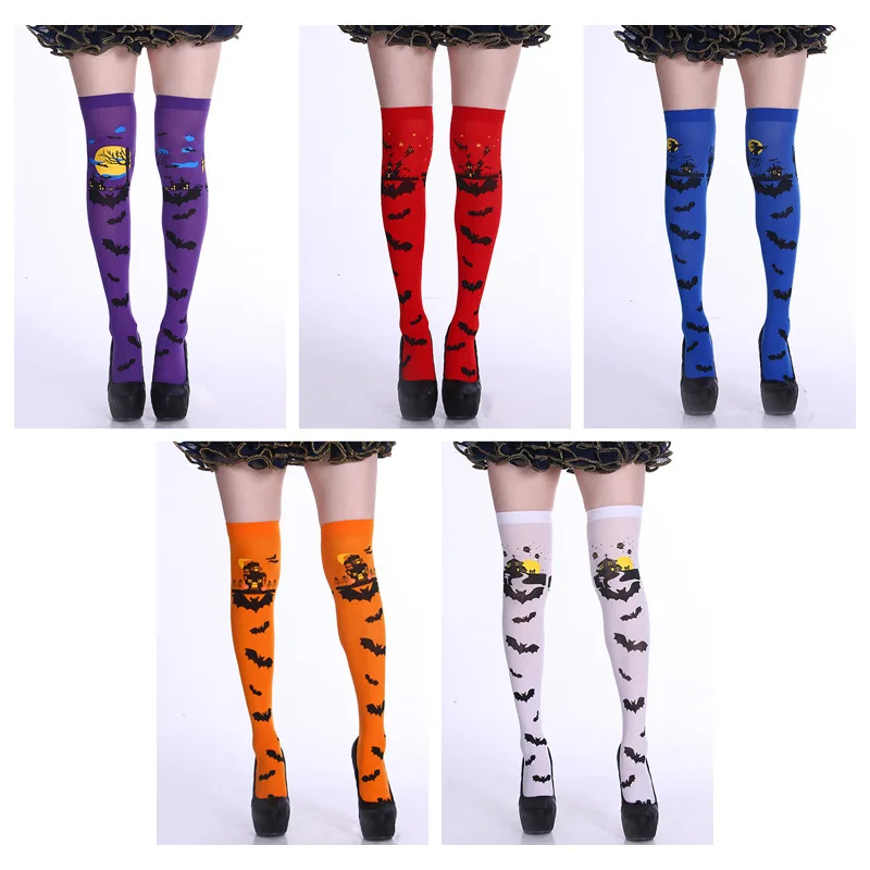 

Halloween April Fools Day Masquerade Party Horror Scary Bat Pumpkin Print Witch Cosplay Color Costume Props Stockings Girl Woman