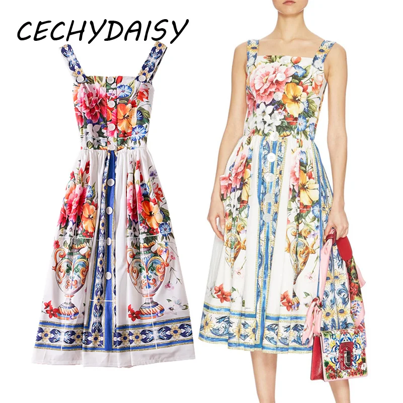 Платье на бретелях Шпагетти Женщины Ретро Квадратный ворот Однобортный Печатный цветочный безрукавный Платья с высокой талией до середины 2022 весна продолжается.