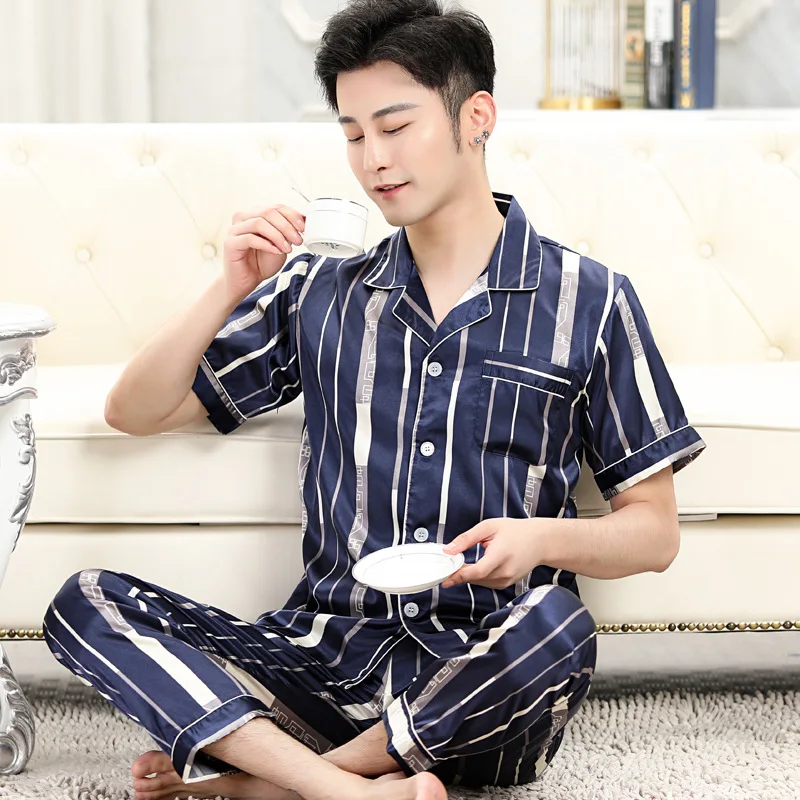 Summer Mens Stain Silk Pajama Set Pajamas For Men Sleepwear Modern Style Nightgown Home Male Soft Cozy Sleeping Clothing