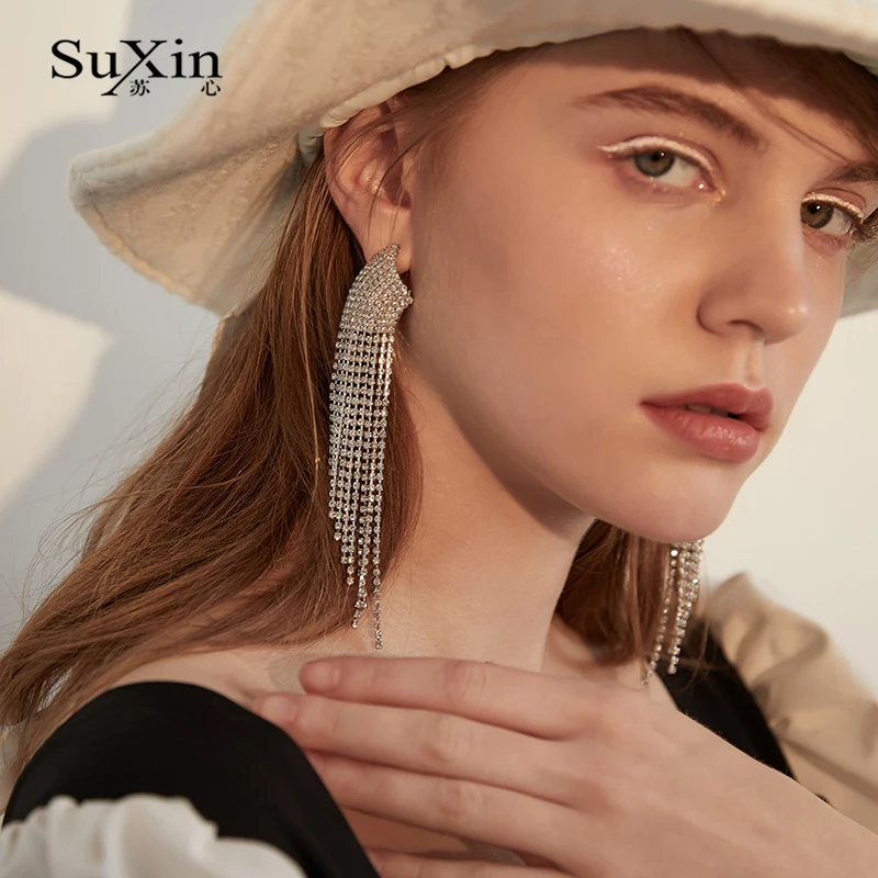 

SuXin earrings 2020 new simple temperament geometric tassel earrings for women long crystal pendant earrings jewelry gift