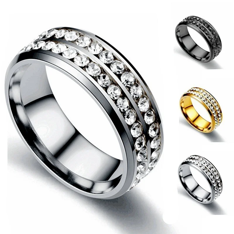 

Luxury Retro Stainless Steel Rings for Women Couple 2 Row Clear Crystal Jewelry Fashion Steel Tail Ring Engagement Wedding Ring