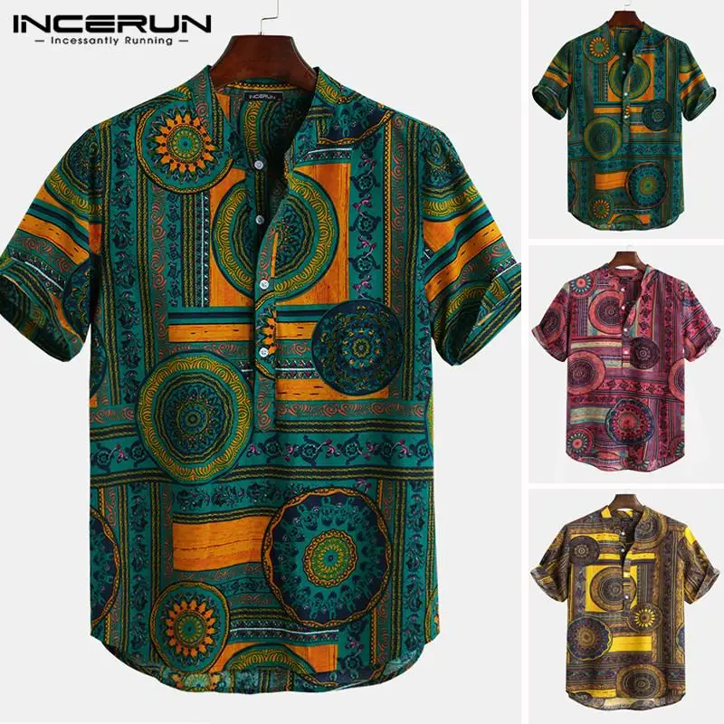 

INCERUN Printed Shirt Men Stand Collar Short Sleeve Casual Ethnic Men Hawaiian Shirts Camisa Masculina Streetwear Vacation Tops