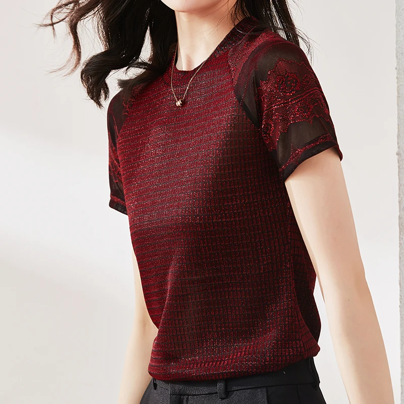 

Summer Korean Fashion Silk T-shirts for Women Vintage Satin Tops for Women Short Sleeves Plus Size XXXL Office Lady Shirts
