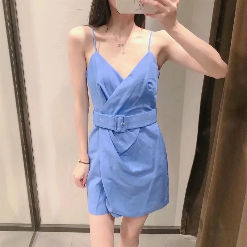 

2021 New Summer Women Blue belted linen blend mini dress Chic Lady Fashion Sexy backless adjustable straps short party dress