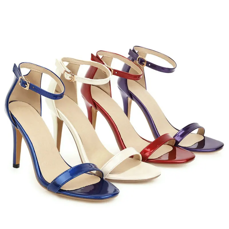 

COOLULU Women Thin High Heel Ankle Strap Sandals Open Toe Sexy Party Dress Sandals Women Patent Leather Summer Shoes Size 33-44