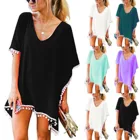 Женская шифоновая накидка на купальник, Пляжная накидка с кисточками, Летнее мини-платье, свободное однотонное парео, новинка 2021