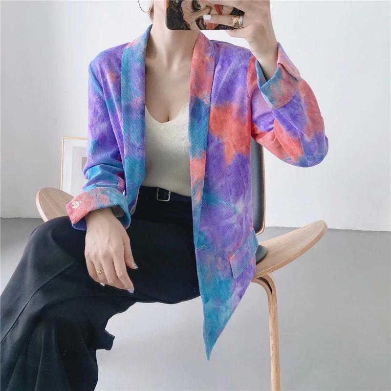 

TMODA604 Za Women 2021 Fashion Single Button Tie-dye Blazer Vintage Long Sleeve Pockets Female Outerwear Chic Jacket Coat Tops