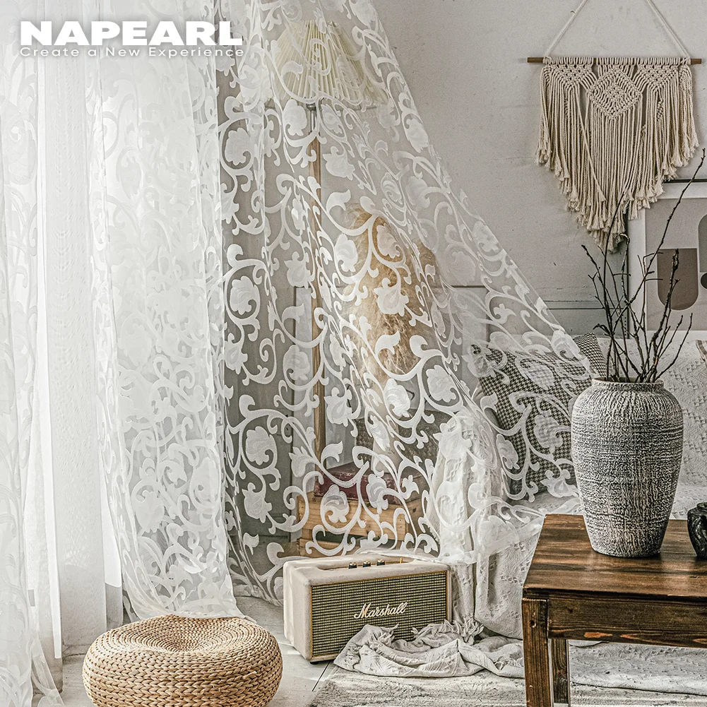 NAPEARL European Style Jacquard Design Sheer Panel Tulle Curtain for Living Room Balcony Organza Fabrics Window Treatments