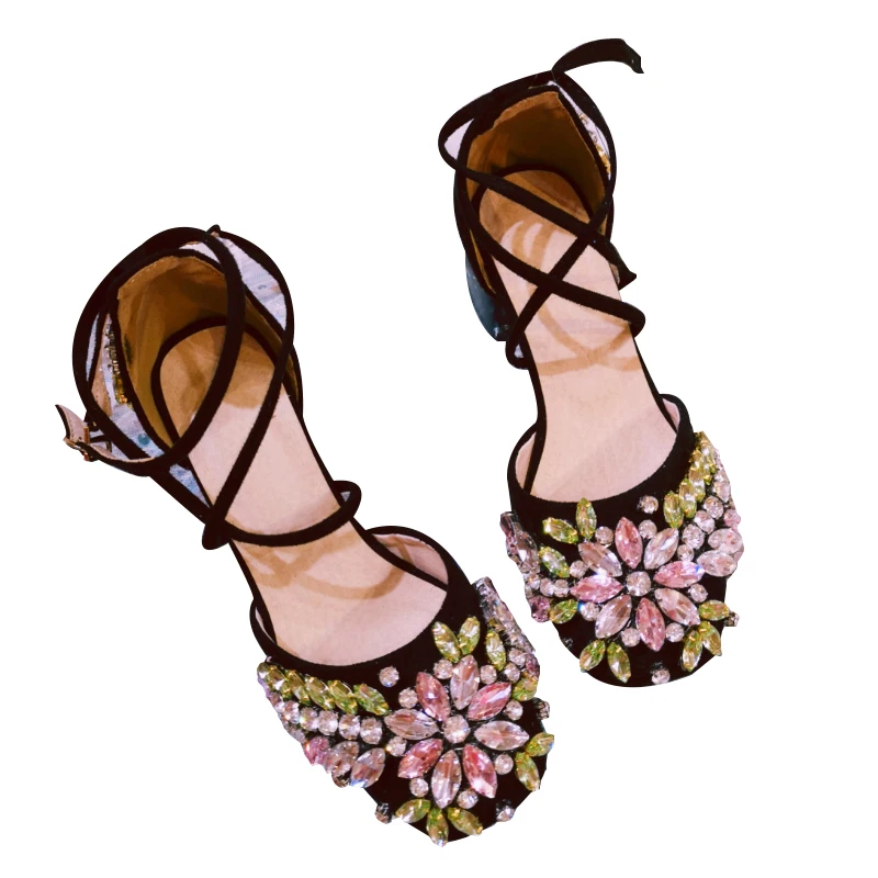 

Fashion Luxury Lolita Thick diamond-studded heavy-duty diamond gemstone ins wild square toe thick heel lace-up shoes