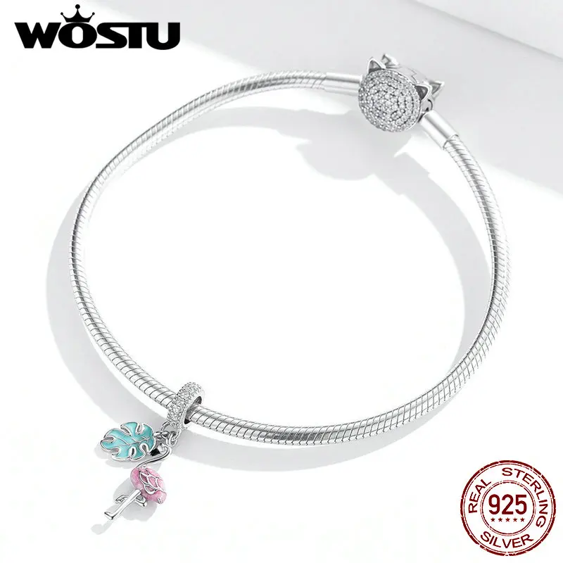WOSTU 925 пробы серебряные бусины тропические фламинго цветные эмалевые подходят