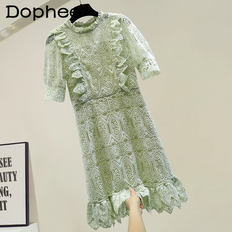 

Женское кружевное платье с оборками, элегантное ажурное платье миди с коротким рукавом для отпуска в стиле принцессы, лето 2021