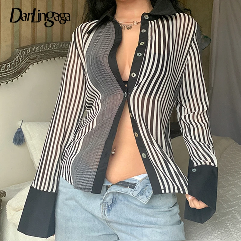 

Darlingaga Fashion Chic Stripe Chiffon Blouses Women Long Sleeve Turn Down Collar Cardigan Transparent Sexy Shirt Y2K Aesthetic