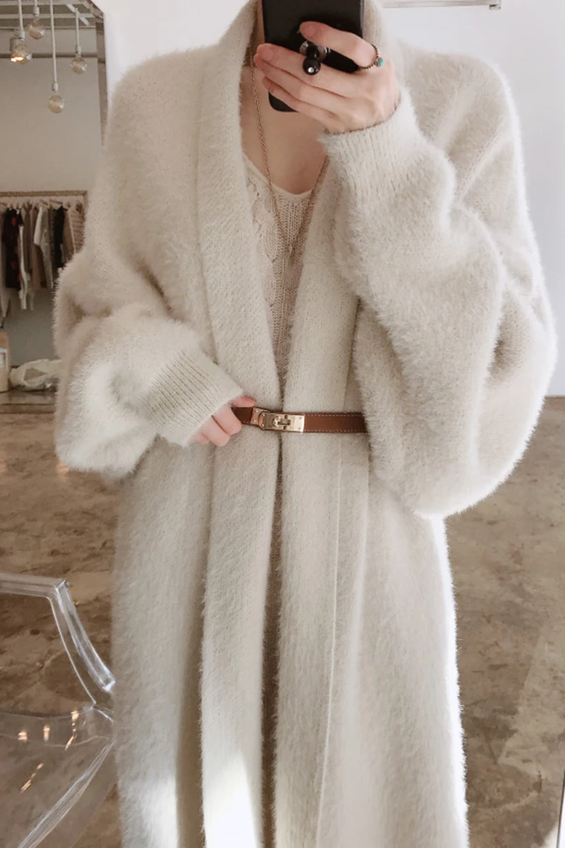 

2021 Korean chic autumn and winter elegant loose over the knee long section long sleeve warm heavy mink fur coat with belt