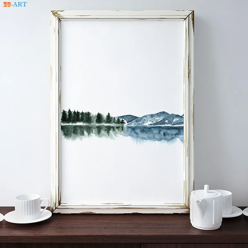 Акварельный Абстрактный пейзаж холст живопись плакаты и принты темно синяя