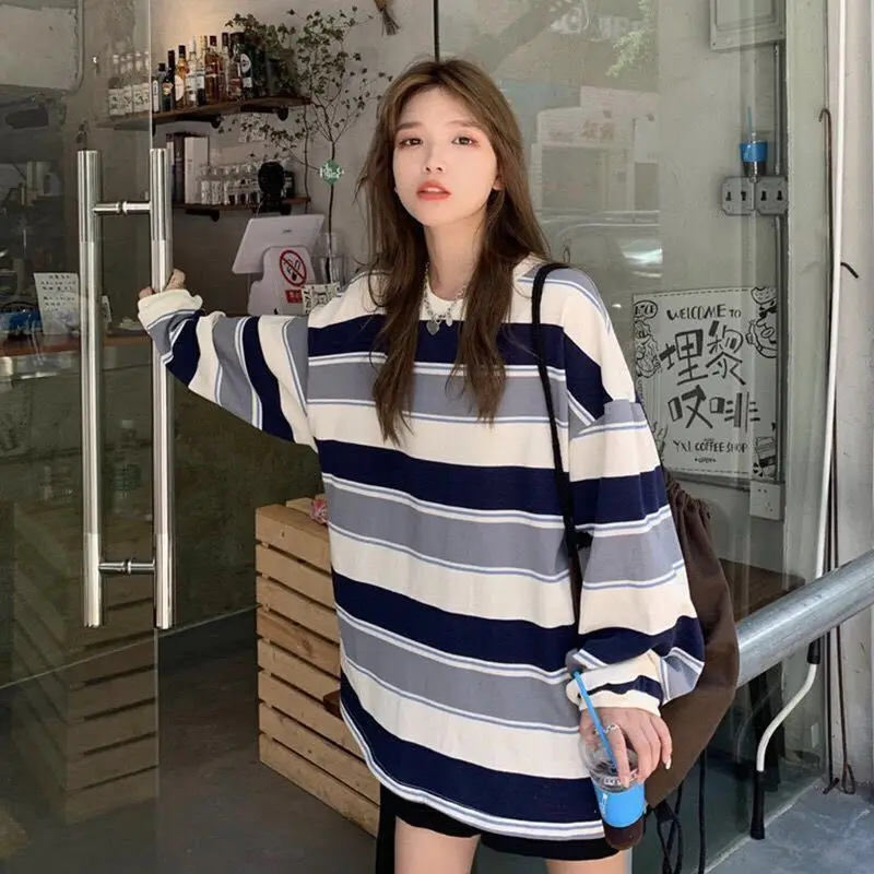 

HOUZHOU Hoodies Striped Sweatshirt Streetwear Women Harajuku Oversize Pullover Korean Fashion Couples Matching Long Sleeve Tops