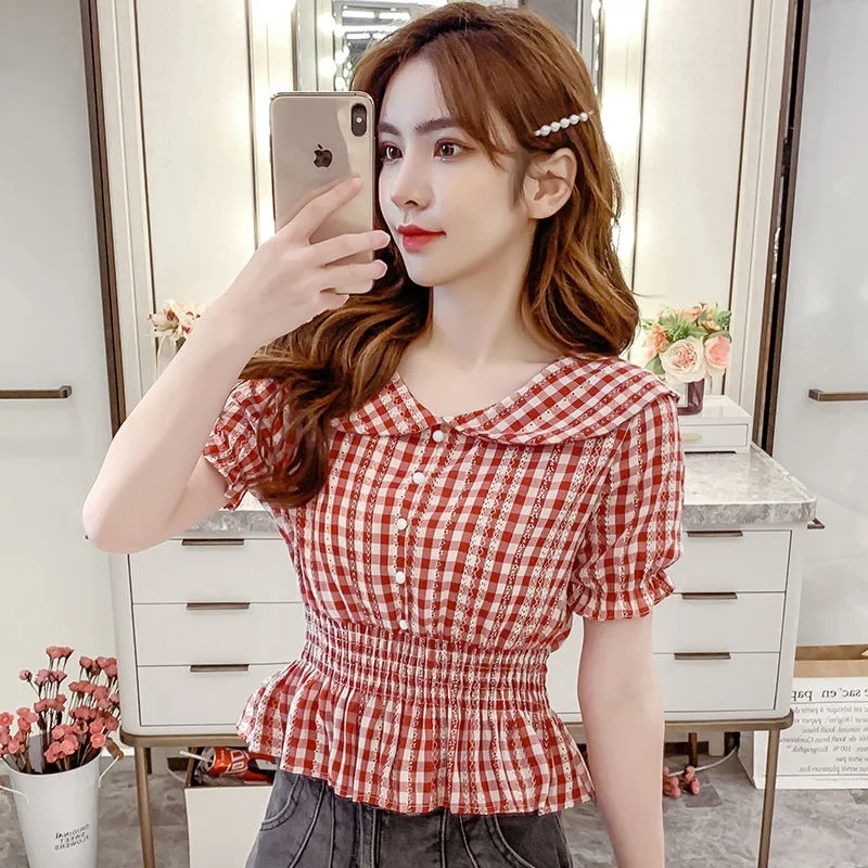 

Plaid Chiffon Blouse Women Tops Peter Pan Collar Short Sleeve Shirts Fashion Lady Crop Tops Casual Blouses Blusas Femme Y585