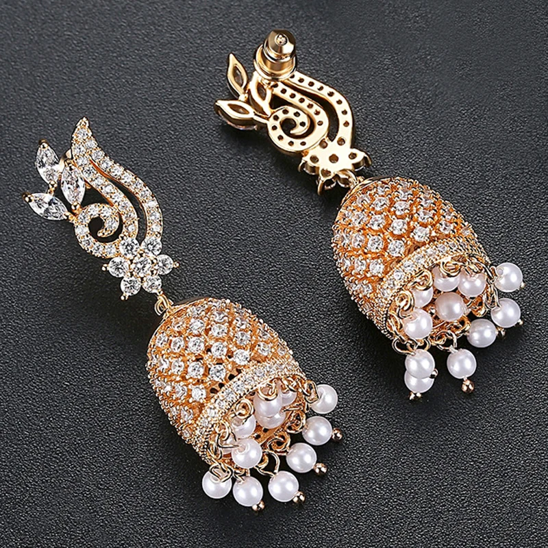 Indian Bollywood Women AAA Zircon Crystal Bell Beads Tassel Drop Dangle Earrings Jhumka Jhumki Bridal Wedding Party Jewelry Gift